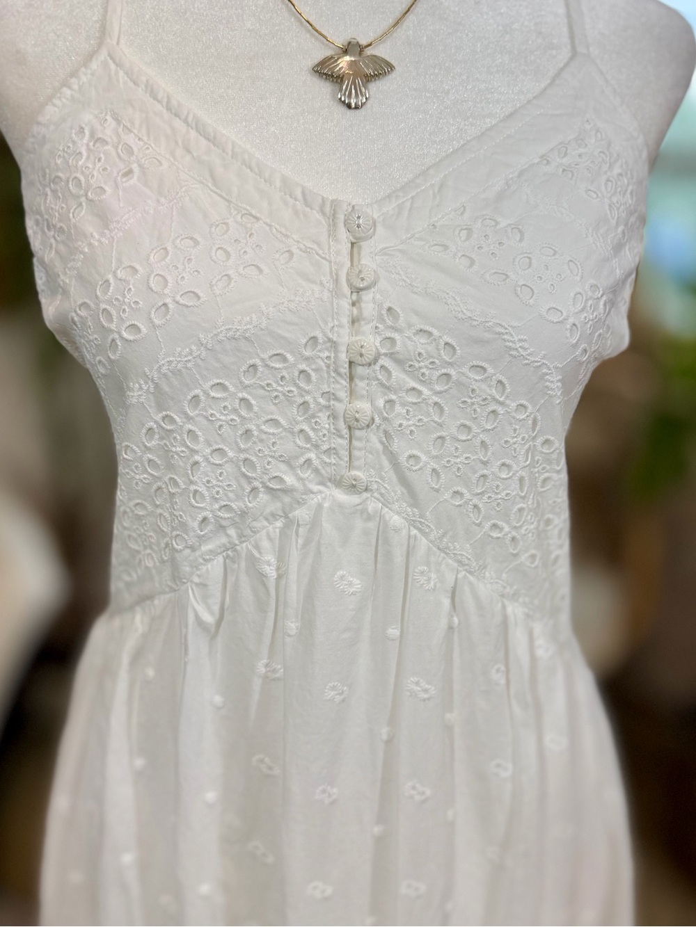 White Eyelet Lace Boho Maxi Dress Women’s Large | Cottagecore Coastal Prairie - Picture 4 of 13